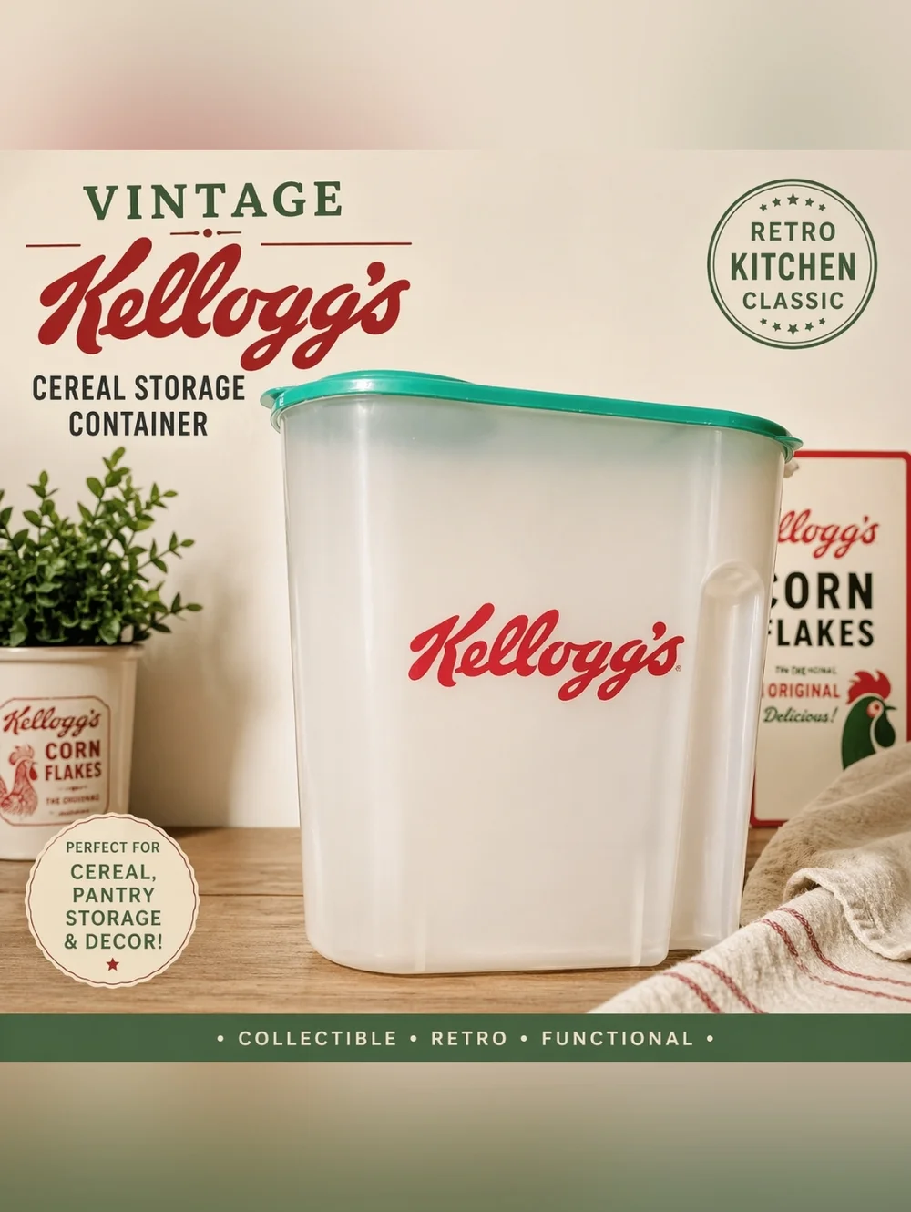 Kellogg’s Vintage Cereal Storage Container Retro Kitchen Plastic Dispenser